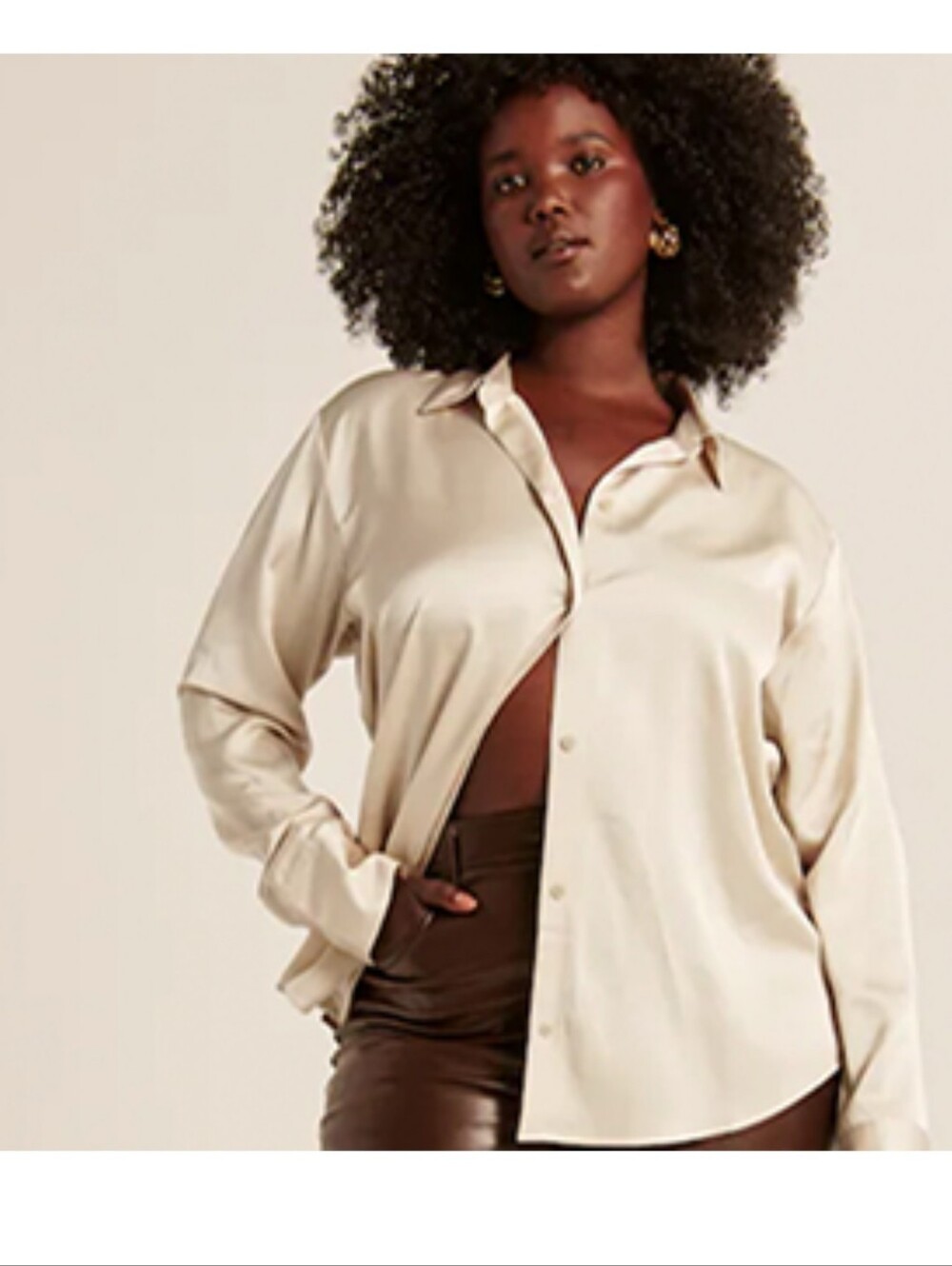 Abercrombie & Fitch Long-Sleeve Satin Button-Up Shirt Champagne M
